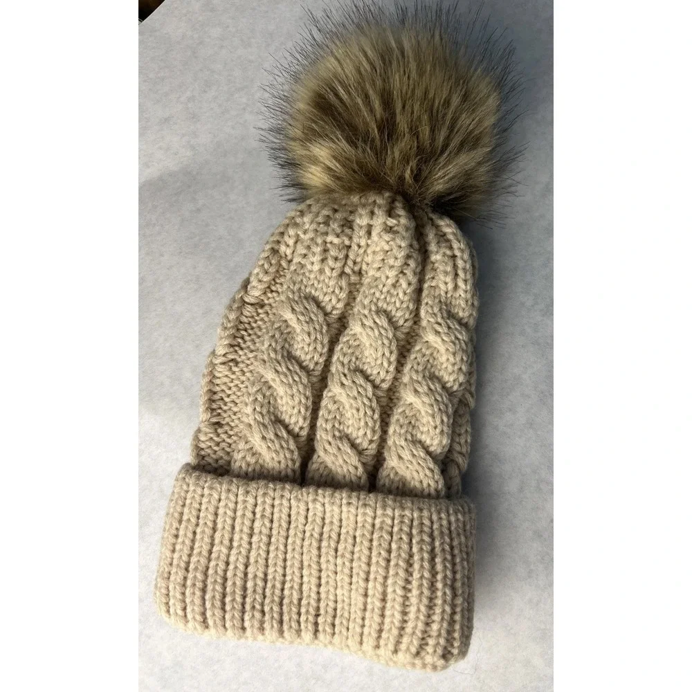 Girls, Winter Tan Pom Hat,‎ Beanie Ribbed Band Soft Knit
